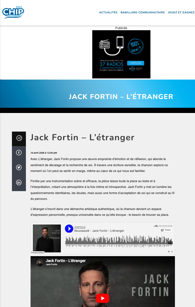 Article CHIP-FM 101,9 — Nouveauté : Jack Fortin – L'étranger — 16 avril 2026