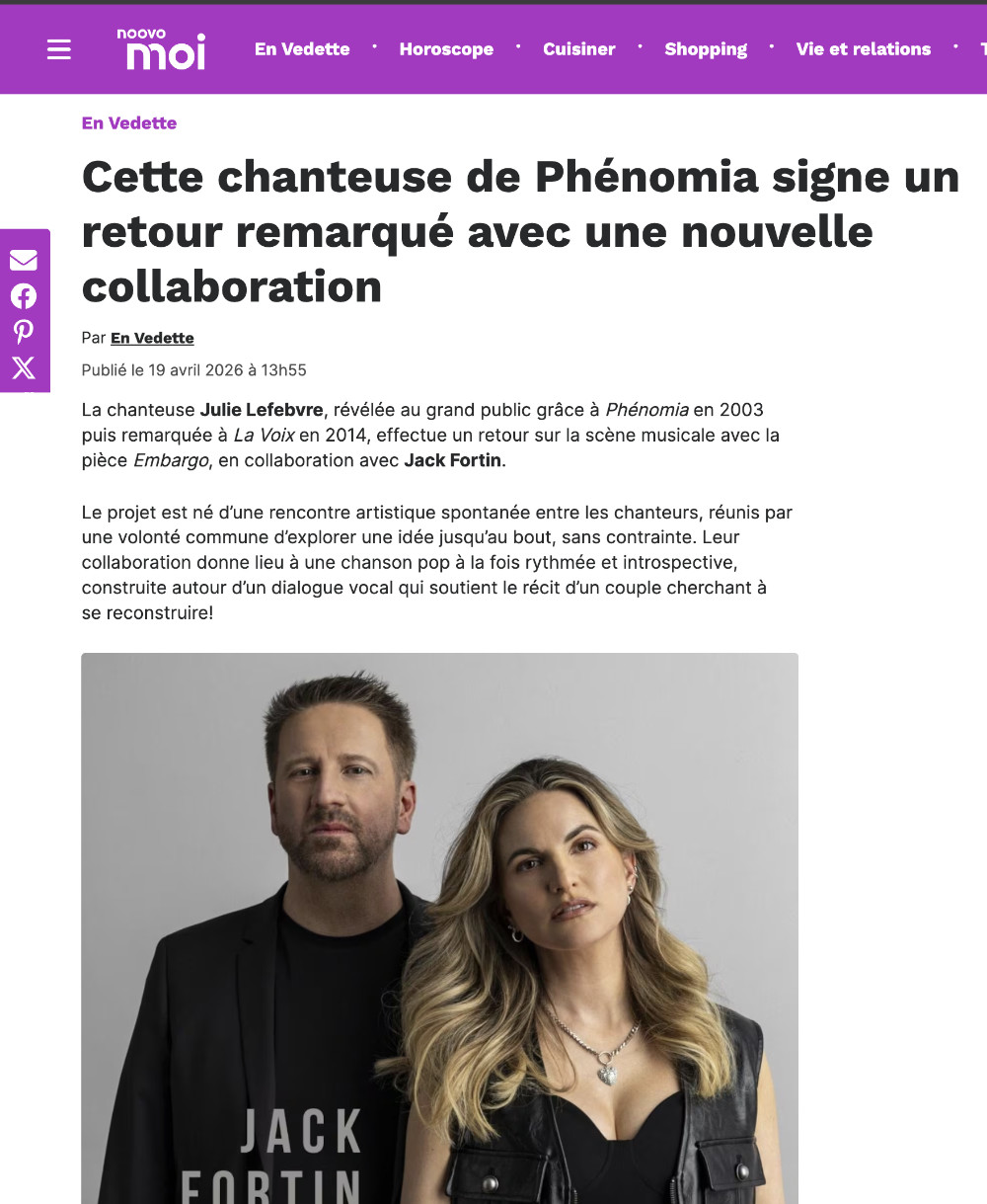 Article Noovo Moi — Cette chanteuse de Phénomia signe un retour remarqué avec une nouvelle collaboration — 19 avril 2026
