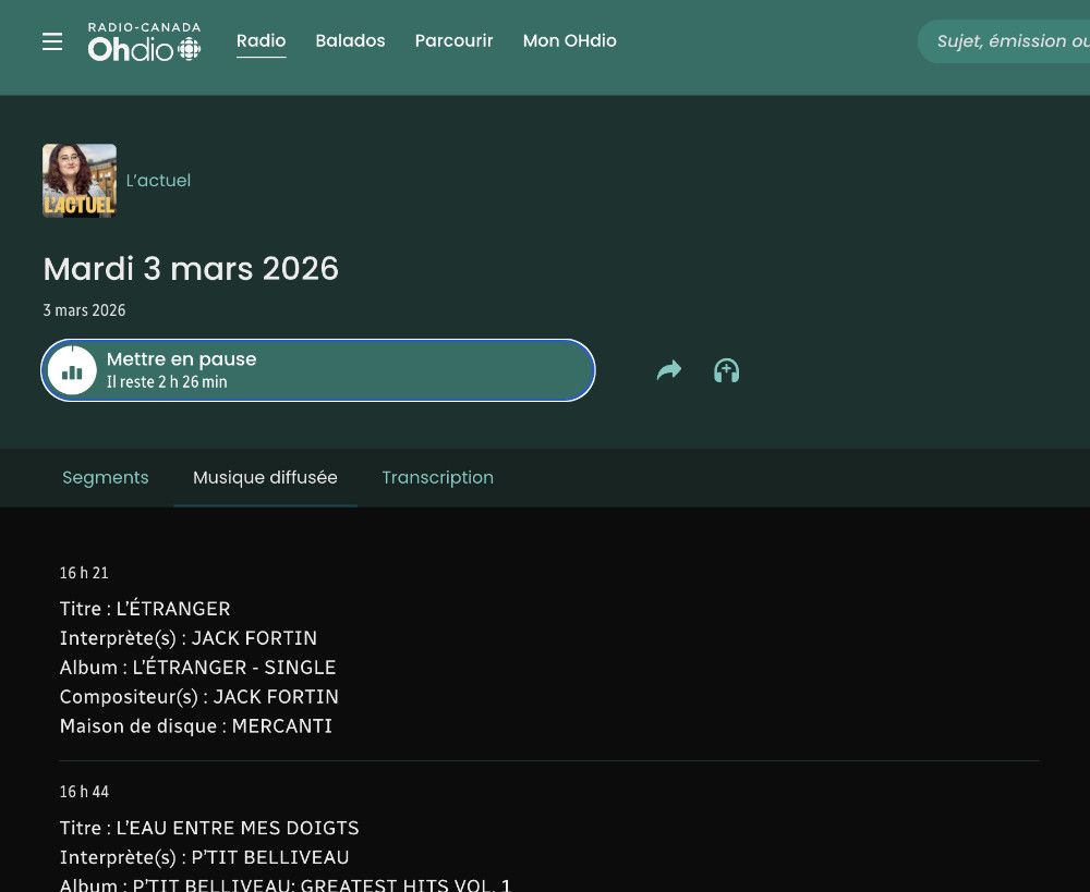 L'actuel, ICI Radio-Canada Première Manitoba — Diffusion de L'étranger — 3 mars 2026