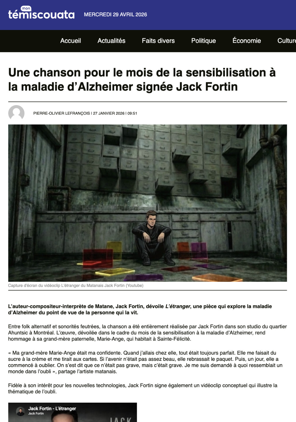 Article Mon Témiscouata — Une chanson pour le mois de la sensibilisation à la maladie d'Alzheimer signée Jack Fortin — 27 janvier 2026