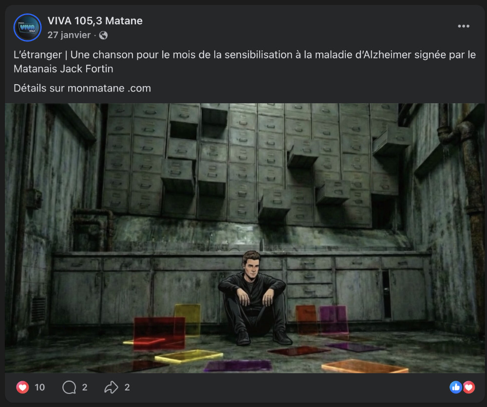 Publication Facebook VIVA 105,3 — L'étranger de Jack Fortin — 27 janvier 2026