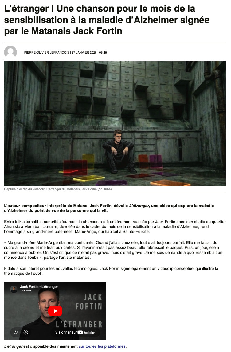 Article Mon Matane — L'étranger, une chanson pour la sensibilisation à la maladie d'Alzheimer — Jack Fortin — 27 janvier 2026